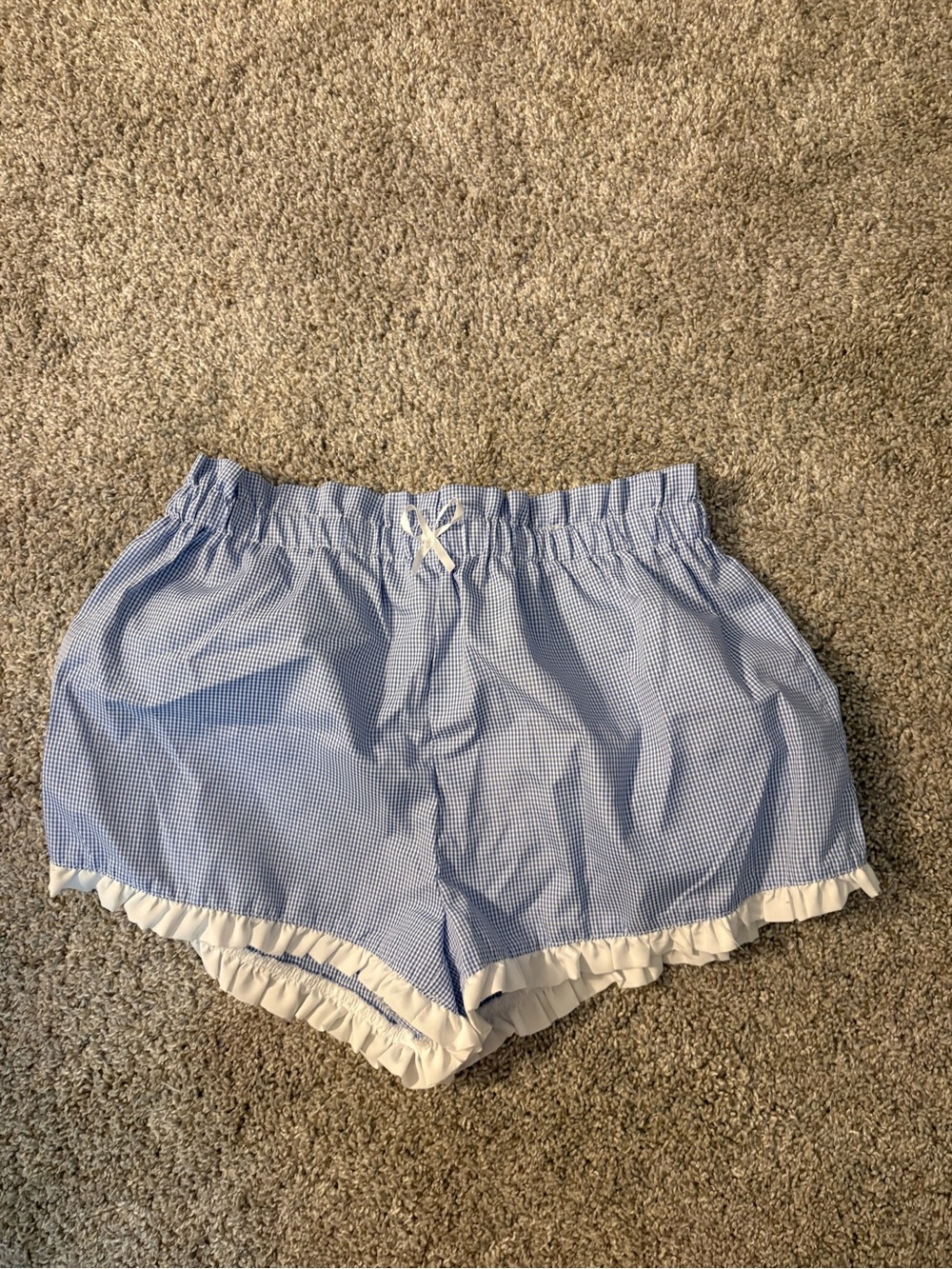 SHEIN Light Blue Gingham Elastic Waist Sleep Shorts with White Bow
